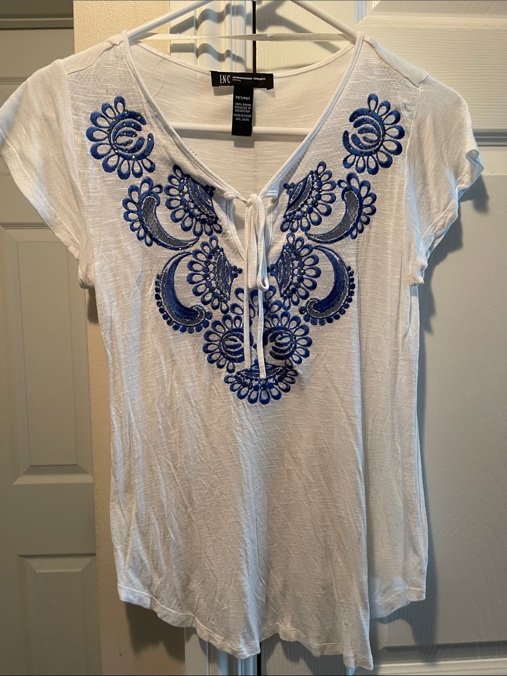 INC International Concepts White Short-Sleeve Top with Blue Embroidery